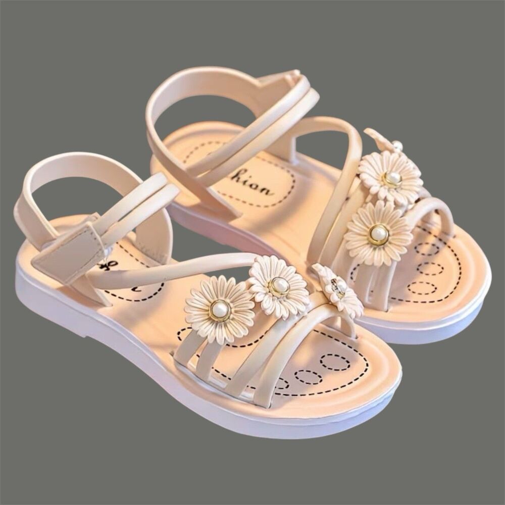 Girls PVC Sandals Size 12 Beige Floral Pearl Non-Slip Summer Shoes Hook & Loop - Picture 3 of 16